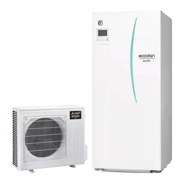 Outdoor heat pump unit beside a tall white indoor cabinet labeled ecodan.